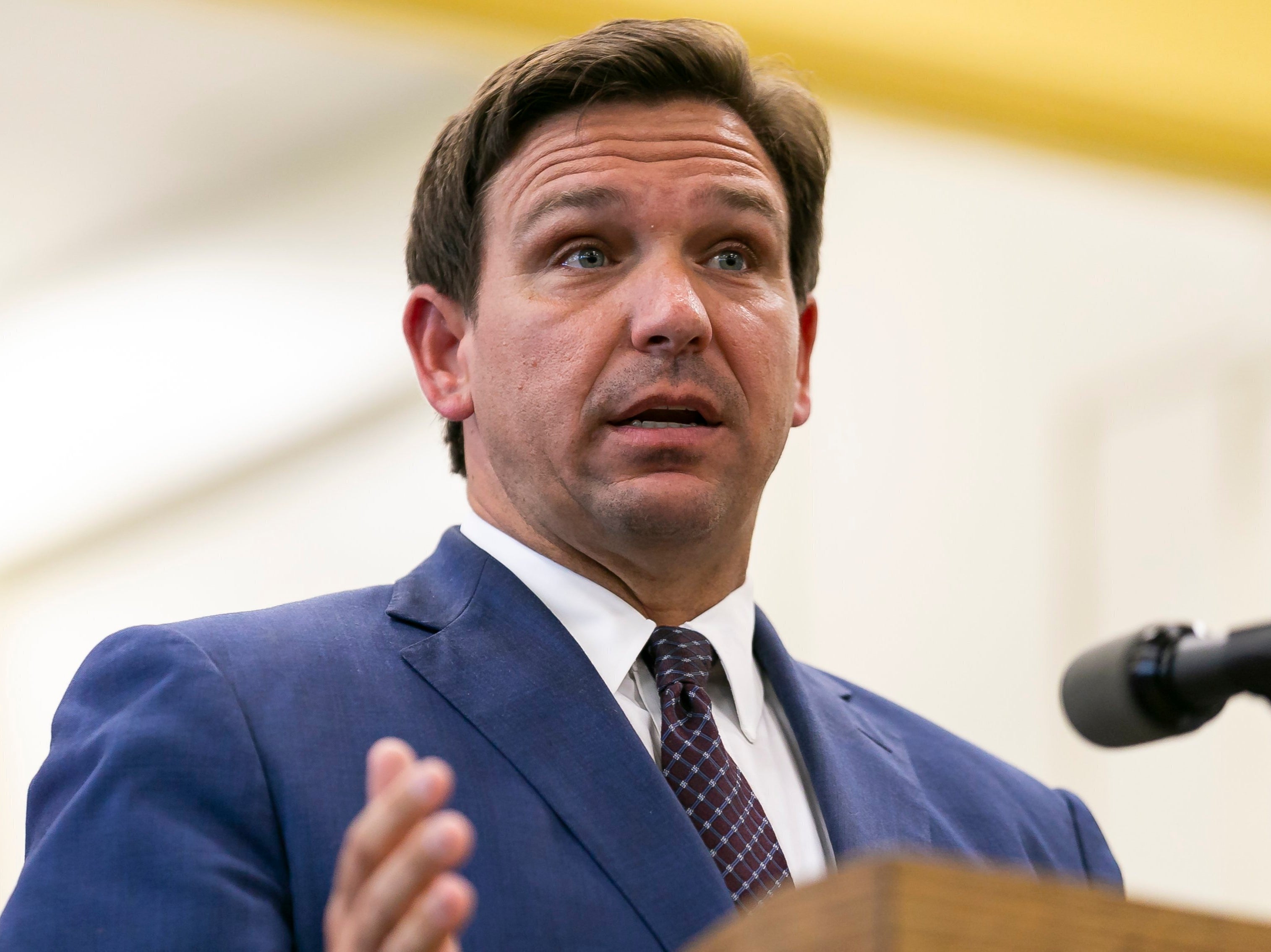 Florida Governor Ron DeSantis speaks during a news conference at West Miami Middle School in Miami