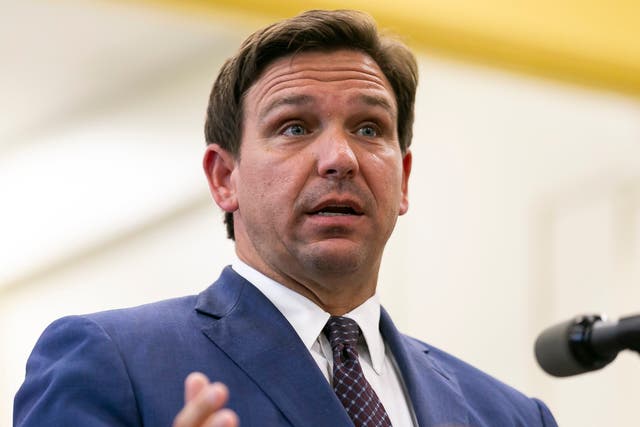 <p>Florida Governor Ron DeSantis speaks during a news conference at West Miami Middle School in Miami</p>