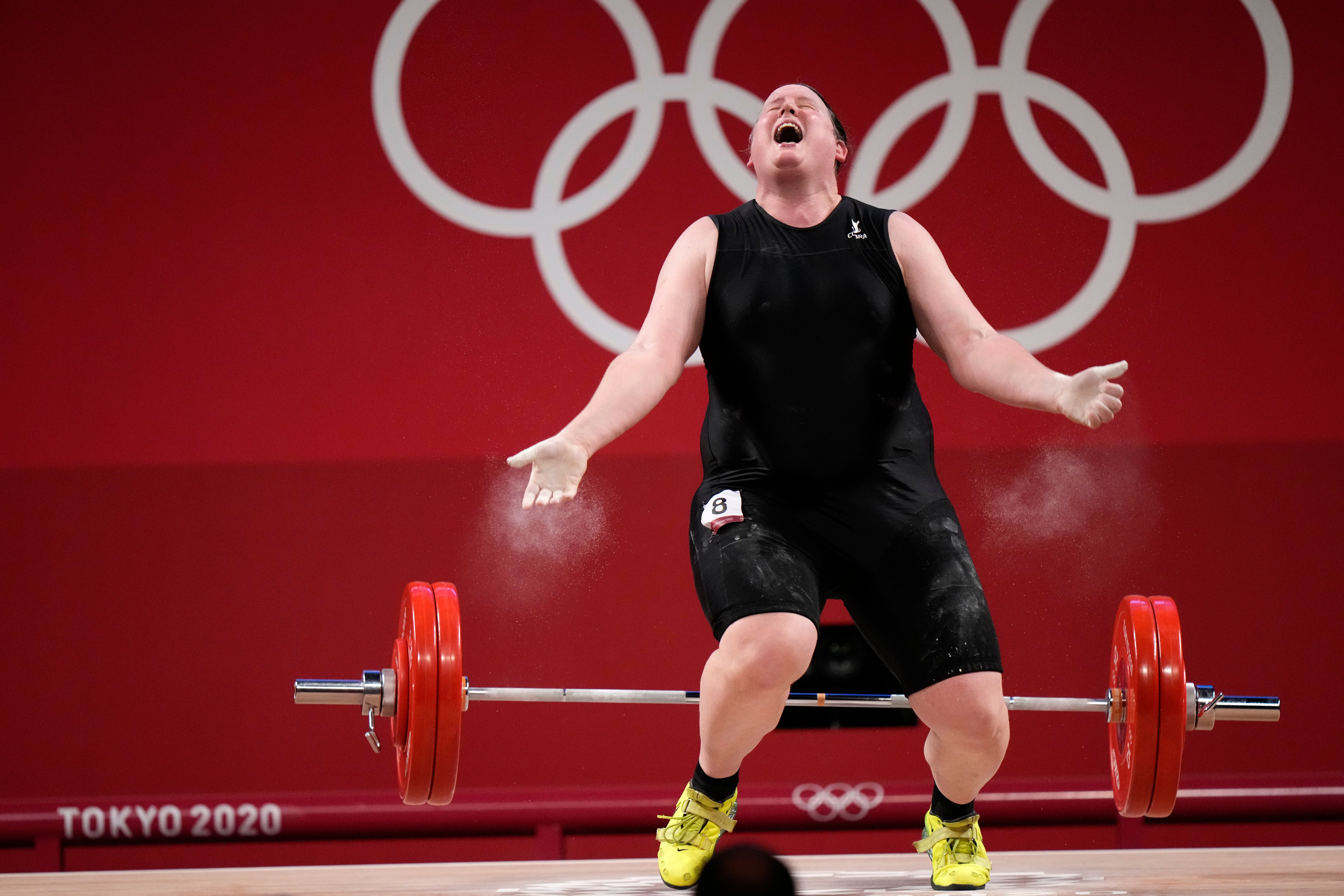 Laurel Hubbard competing in the women’s +87kg weightlifting final