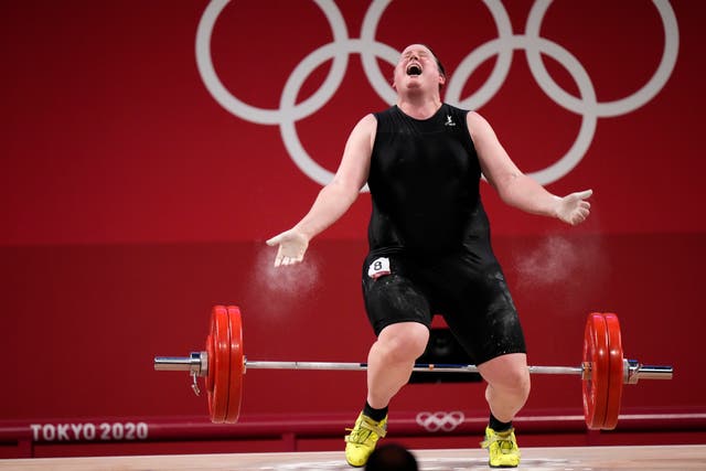 <p>Laurel Hubbard competing in the women’s +87kg weightlifting final</p>