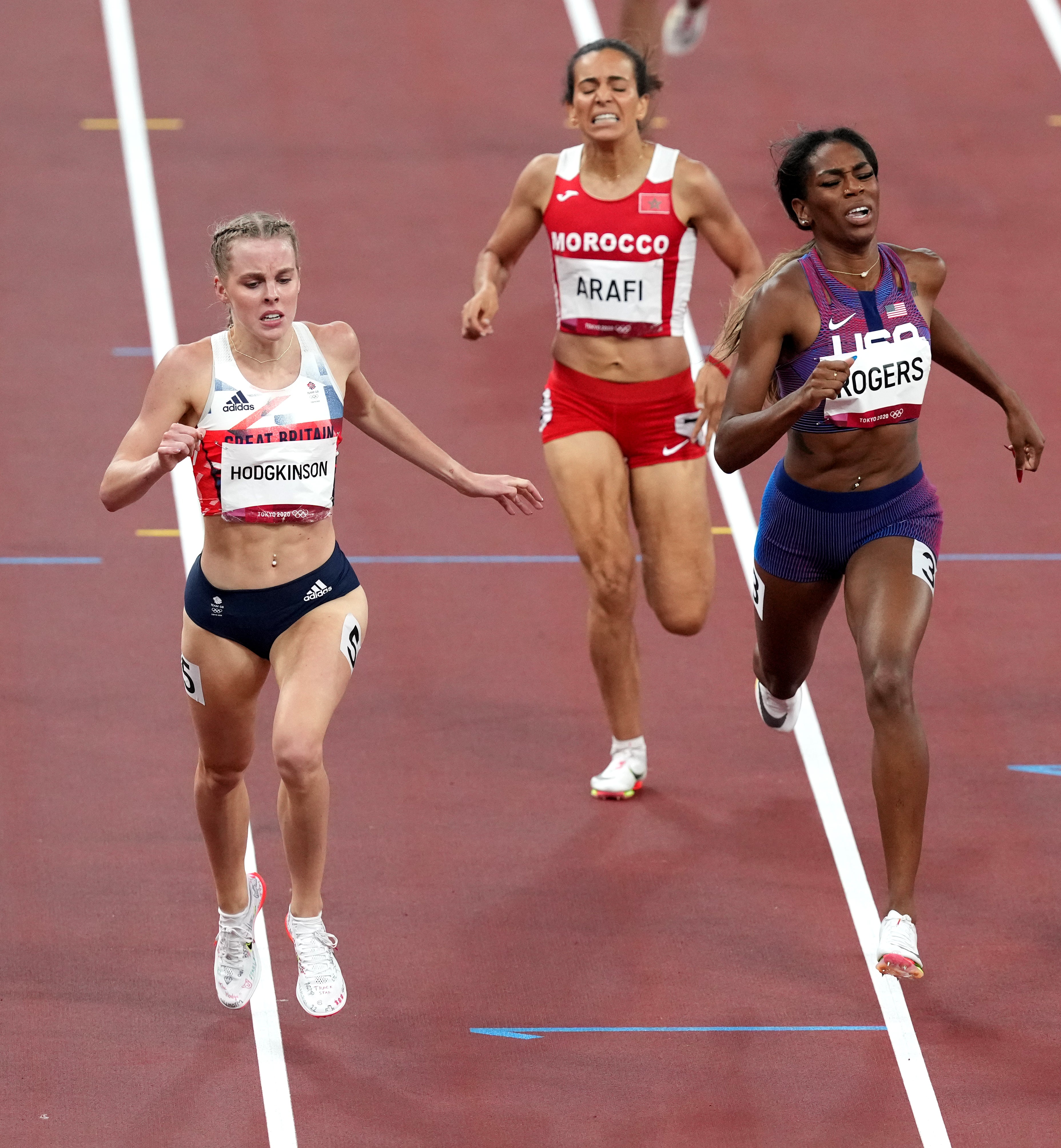 Great Britain’s Keely Hodgkinson, left, in action during the third semi-final of the Women’s 800 metres (Martin Rickett/PA)