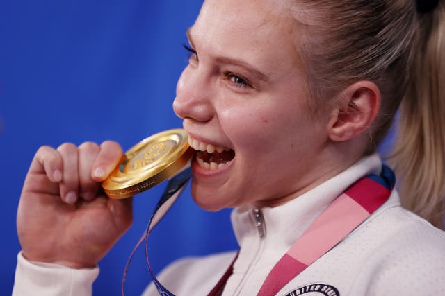 <p>Jade Carey of Team United States poses with her gold medal during the Women's Floor Exercise Final on day ten of the Tokyo 2020 Olympic Games at Ariake Gymnastics Centre on August 02, 2021 in Tokyo, Japan. </p>