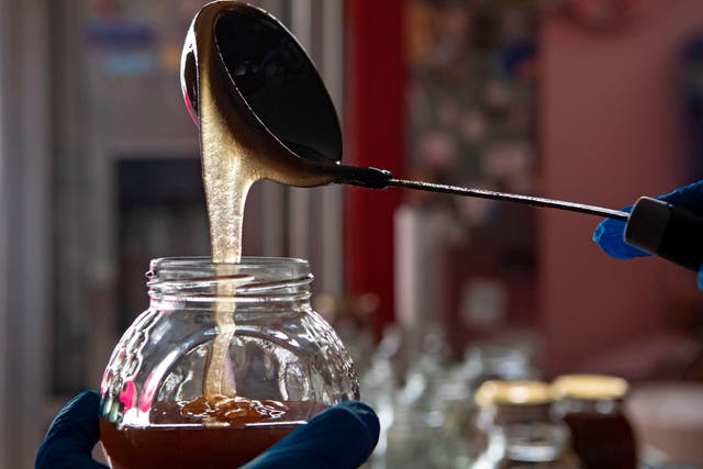 <p>File image: A Chilean person fills jars with organic honey at home in Santiago</p>