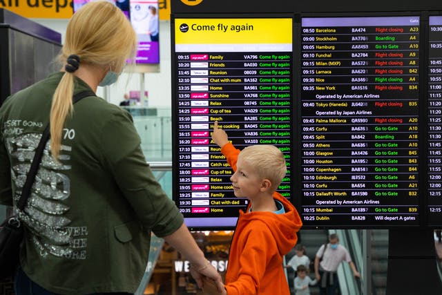 <p>Passengers at Heathrow Airport, celebrating the safe reopening of international travel</p>