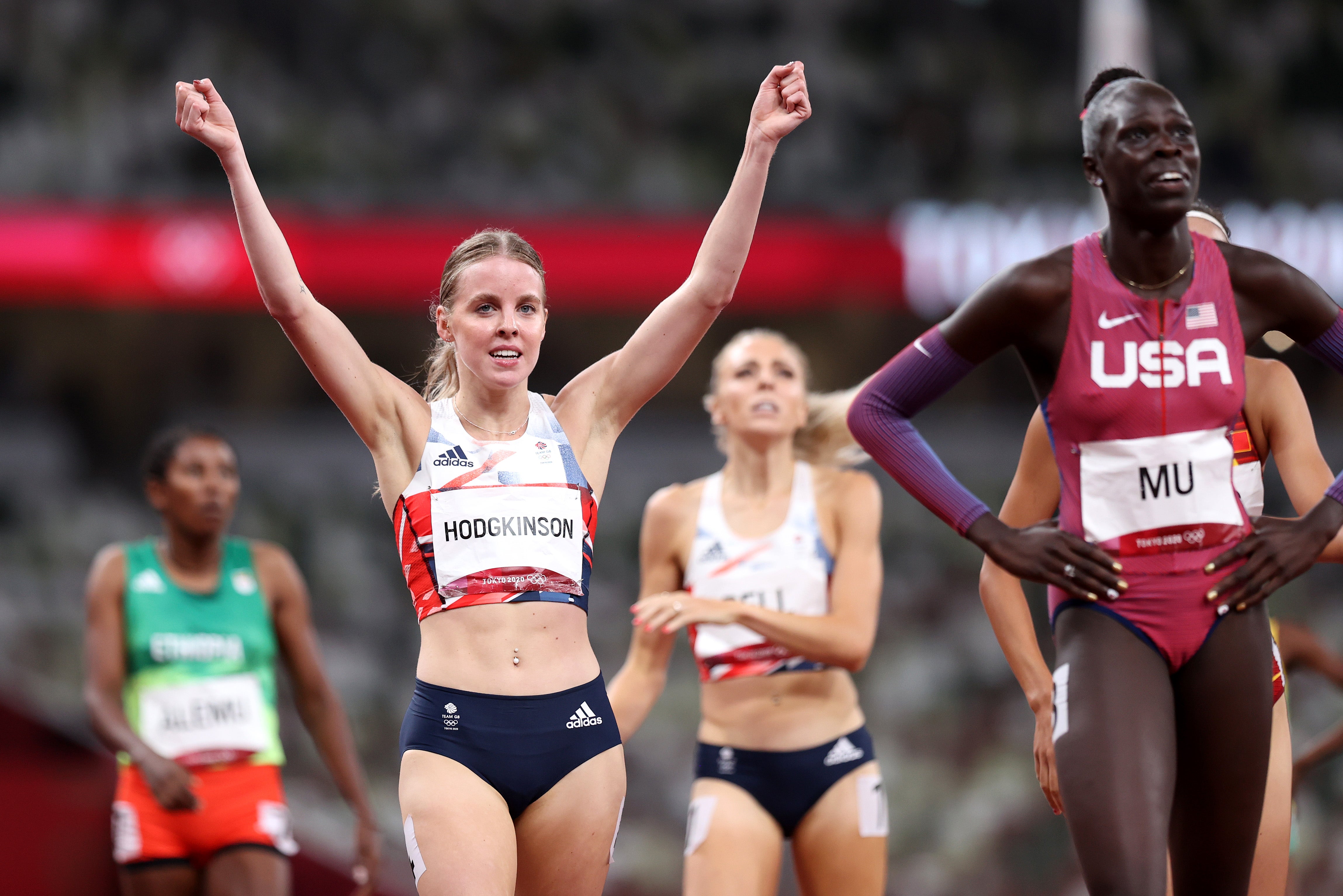 Keely Hodgkinson of Team Great Britain celebrates as she wins the silver medal