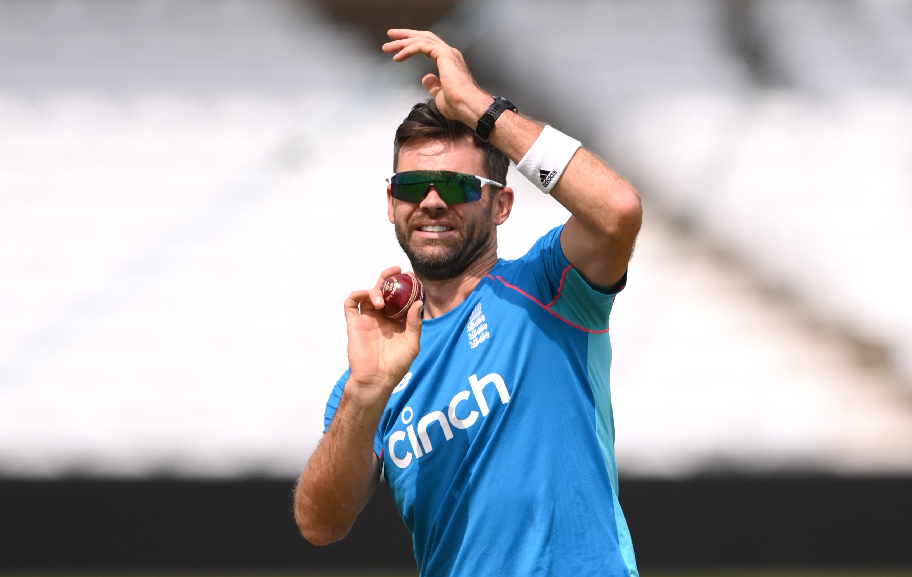 England bowler James Anderson in action during England nets ahead of the first Test against India at Trent Bridge