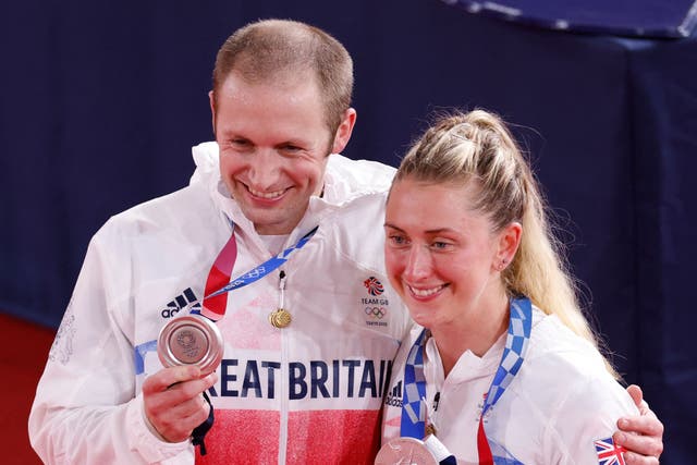 <p>Jason Kelly and wife Laura with their team sprint silver medals</p>