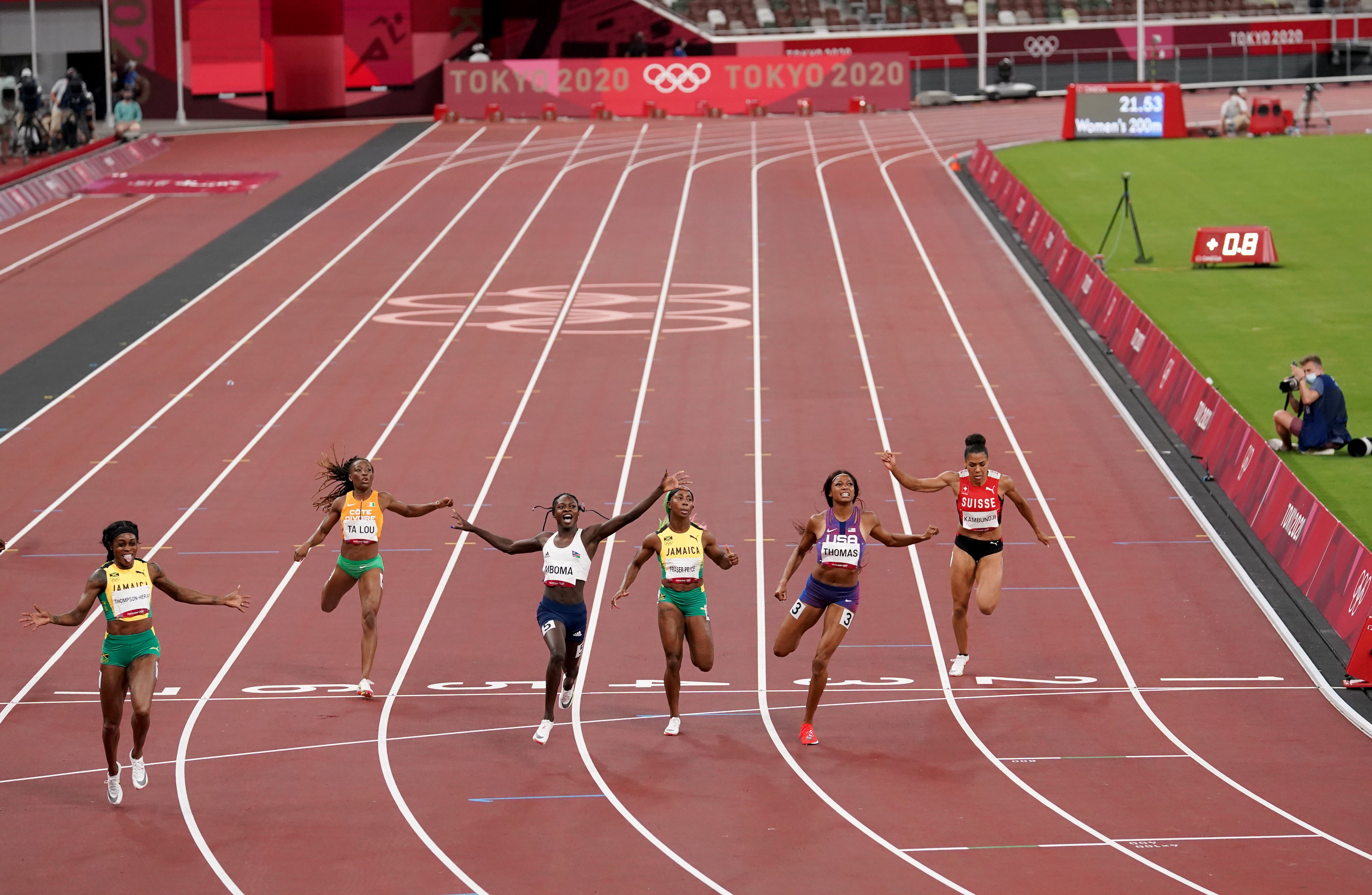 Jamaica’s Elaine Thompson-Herah celebrates winning the 200m. (Martin Rickett/PA)
