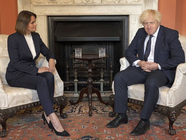 <p>Belarusian opposition leader Sviatlana Tsikhanouskaya meets Boris Johnson at No 10</p>