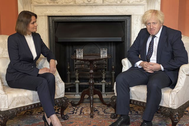 <p>Belarusian opposition leader Sviatlana Tsikhanouskaya meets Boris Johnson at No 10</p>