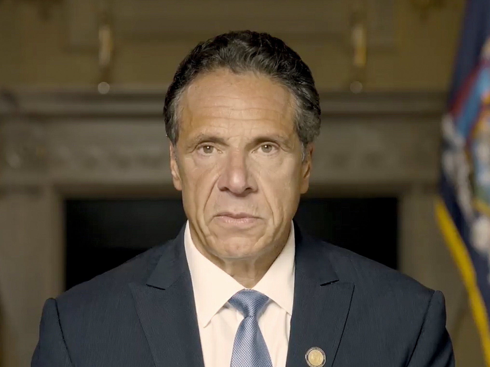 <p>Andrew Cuomo makes a statement on a pre-recorded video released, Tuesday3 August 2021, in New York</p>
