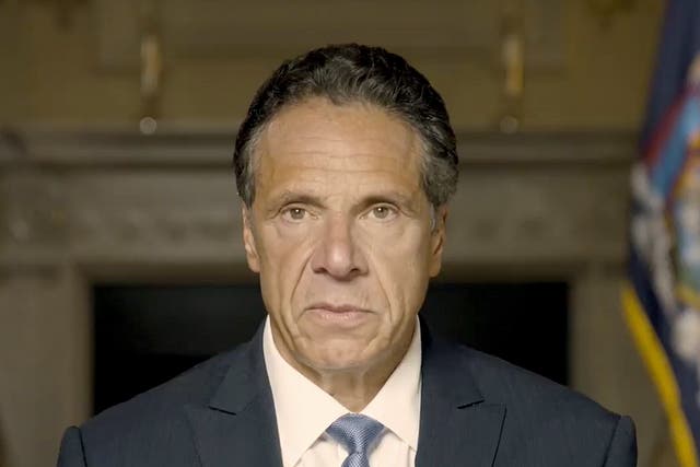 <p>Andrew Cuomo makes a statement on a pre-recorded video released, Tuesday 3 August 2021, in New York</p>
