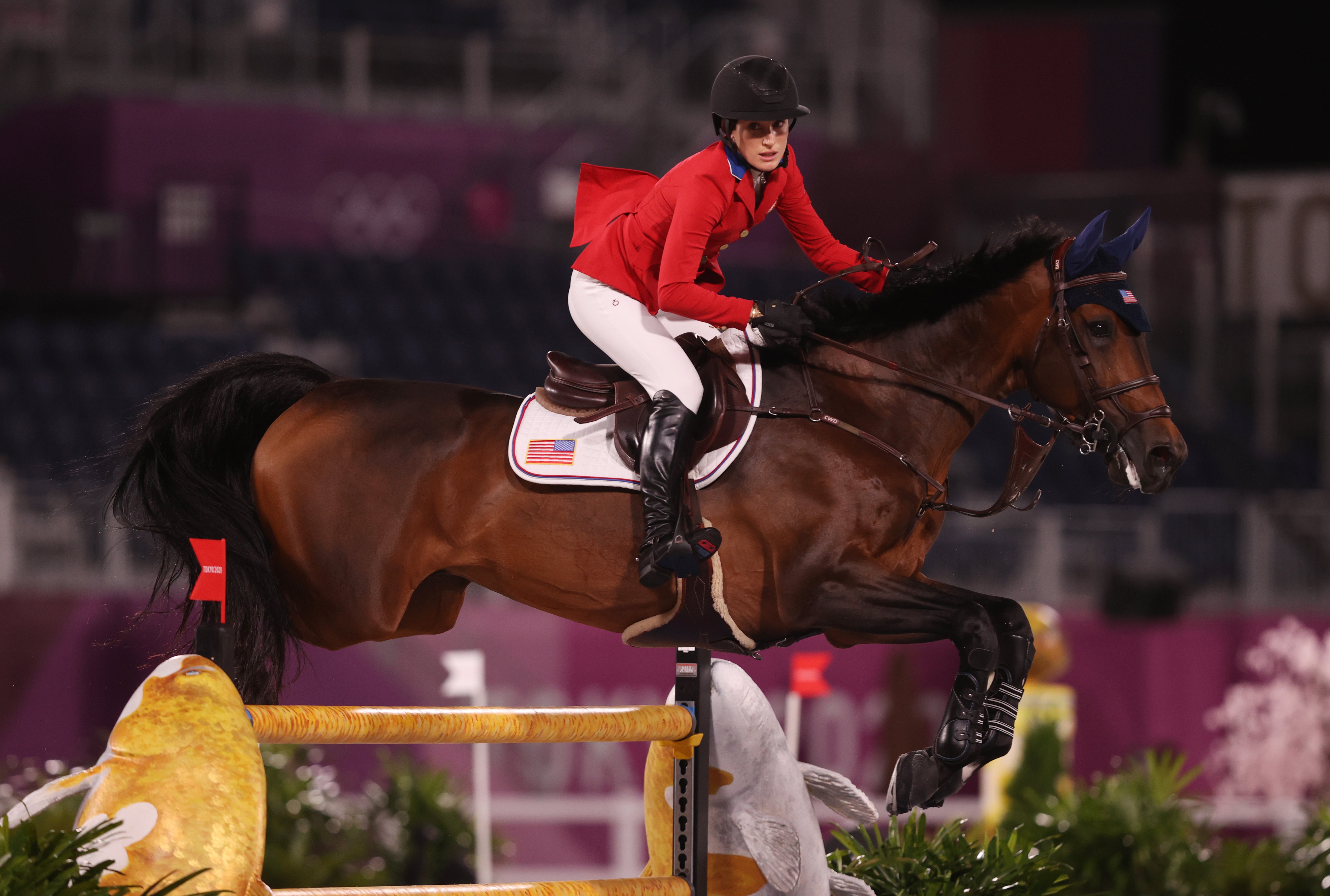 Jessica Springsteen of Team United States riding Don Juan Van De Donkhoeve competes during the Jumping Individual Qualifier on day eleven of the Tokyo 2020 Olympic Games at Equestrian Park on August 03, 2021 in Tokyo, Japan.