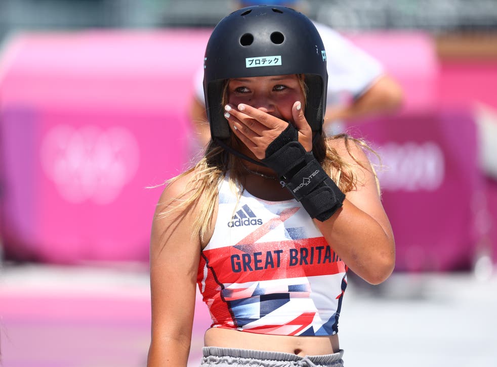 <p>Sky Brown of Britain reacts after securing bronze in Tokyo</p>