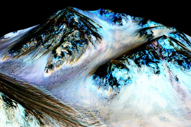 <p>File: Nasa’s Mars Reconnaissance Orbiter handout shows dark, narrow streaks on the slopes of Hale Crater</p>