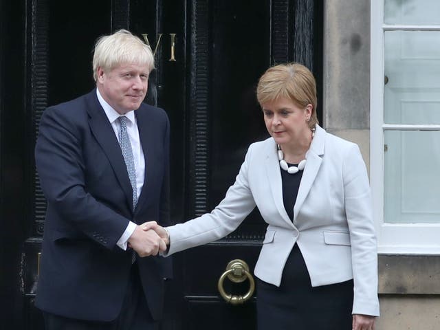 <p>Boris Johnson and Nicola Sturgeon meet in Edinburgh in 2019 – on his most recent trip, the prime minister avoided a meeting</p>