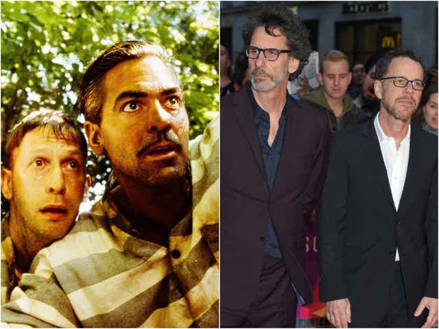 <p>Tim Blake Nelson and George Clooney in ‘O Brother, Where Art Thou?’ and Joel and Ethan Coen in 2018</p>