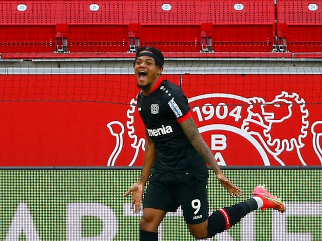 <p>Leon Bailey celebrates scoring for Bayer Leverkusen</p>