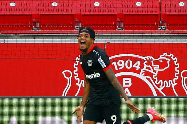<p>Leon Bailey celebrates scoring for Bayer Leverkusen</p>