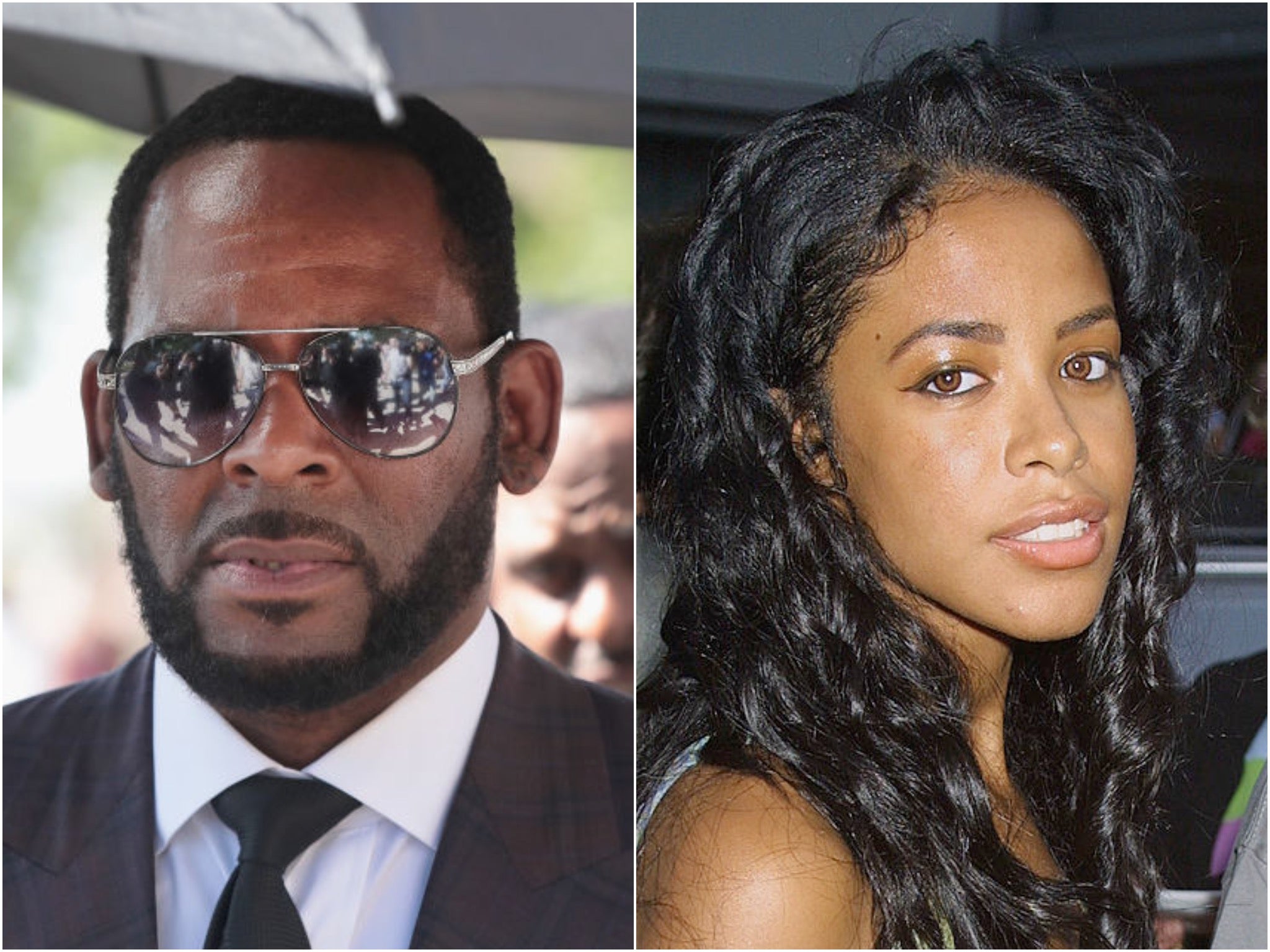 R Kelly arrives in court in 2019, and the late Aaliyah in 2001