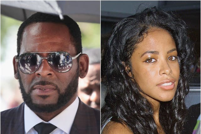 <p>R Kelly arrives in court in 2019, and the late Aaliyah in 2001</p>