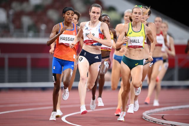 <p>Laura Muir, centre, finished second in her semi-final</p>