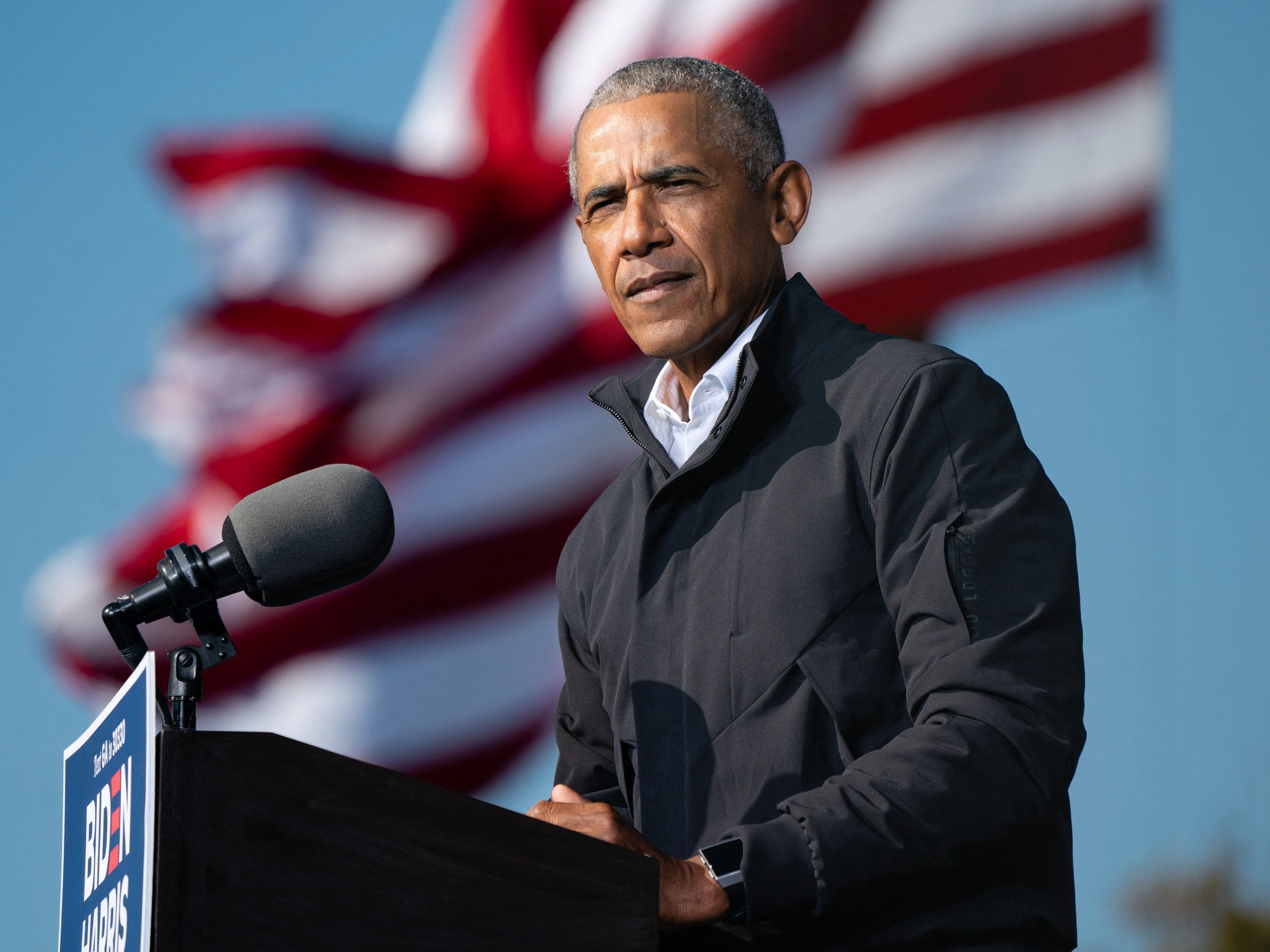 <p>Barack Obama speaks at a Get Out the Vote rally as he campaigns for Democratic presidential candidate former Vice President Joe Biden in Atlanta, Georgia on 2 November 2020</p>