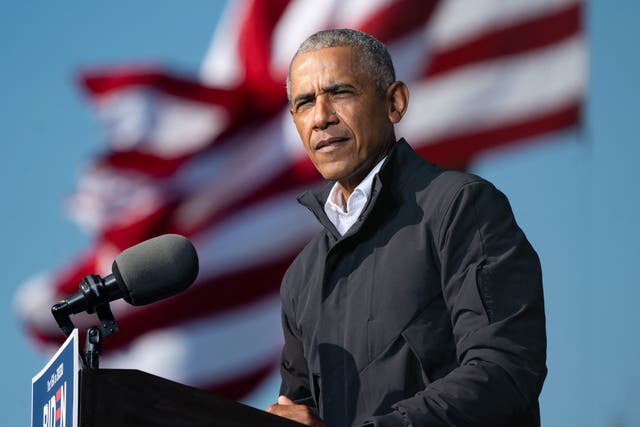 <p>Barack Obama speaks at a Get Out the Vote rally as he campaigns for Democratic presidential candidate former Vice President Joe Biden in Atlanta, Georgia on 2 November 2020</p>