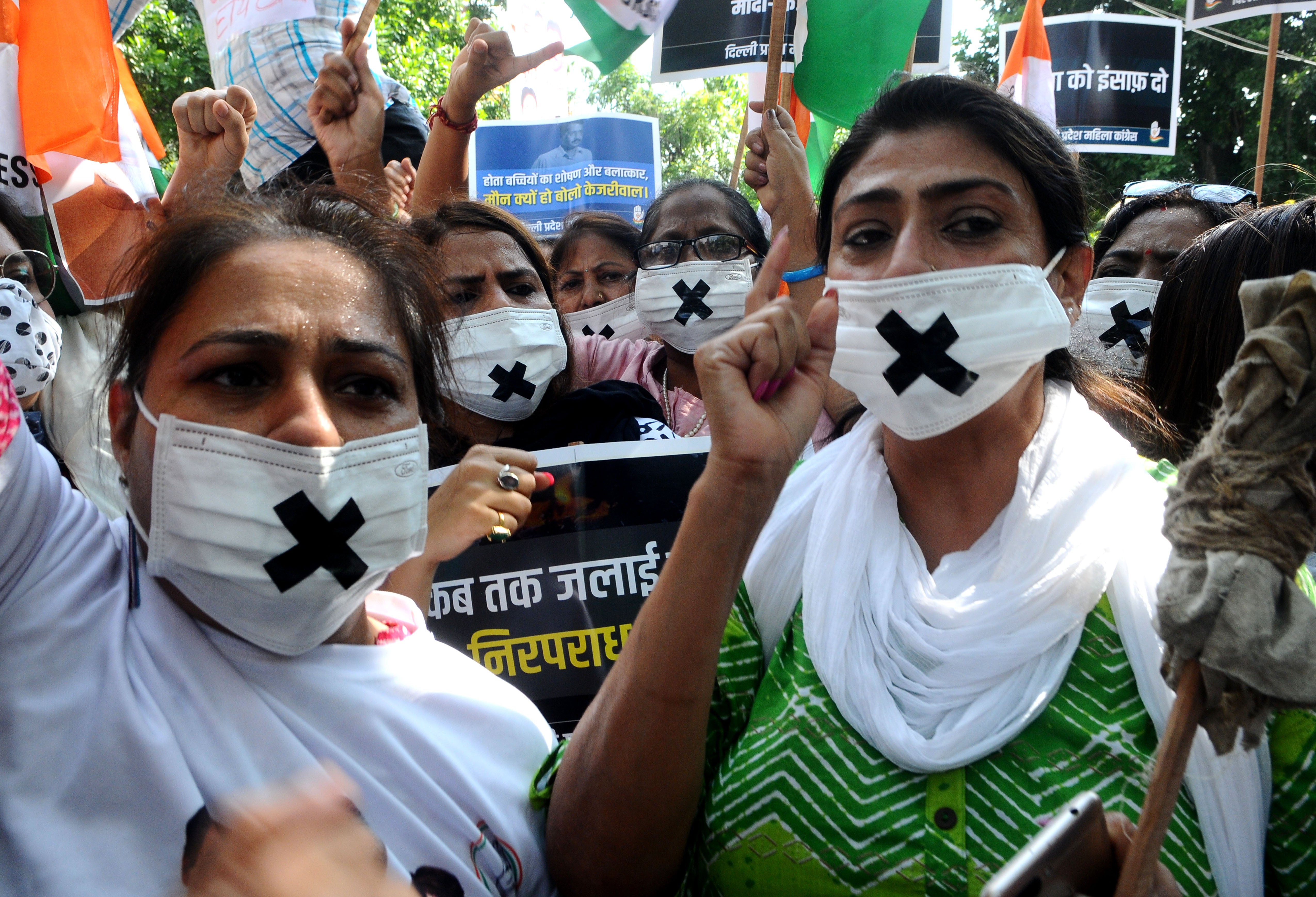Members of the Congress women’s wing protest against the alleged rape, murder and forceful cremation of a nine-year-old girl in Delhi