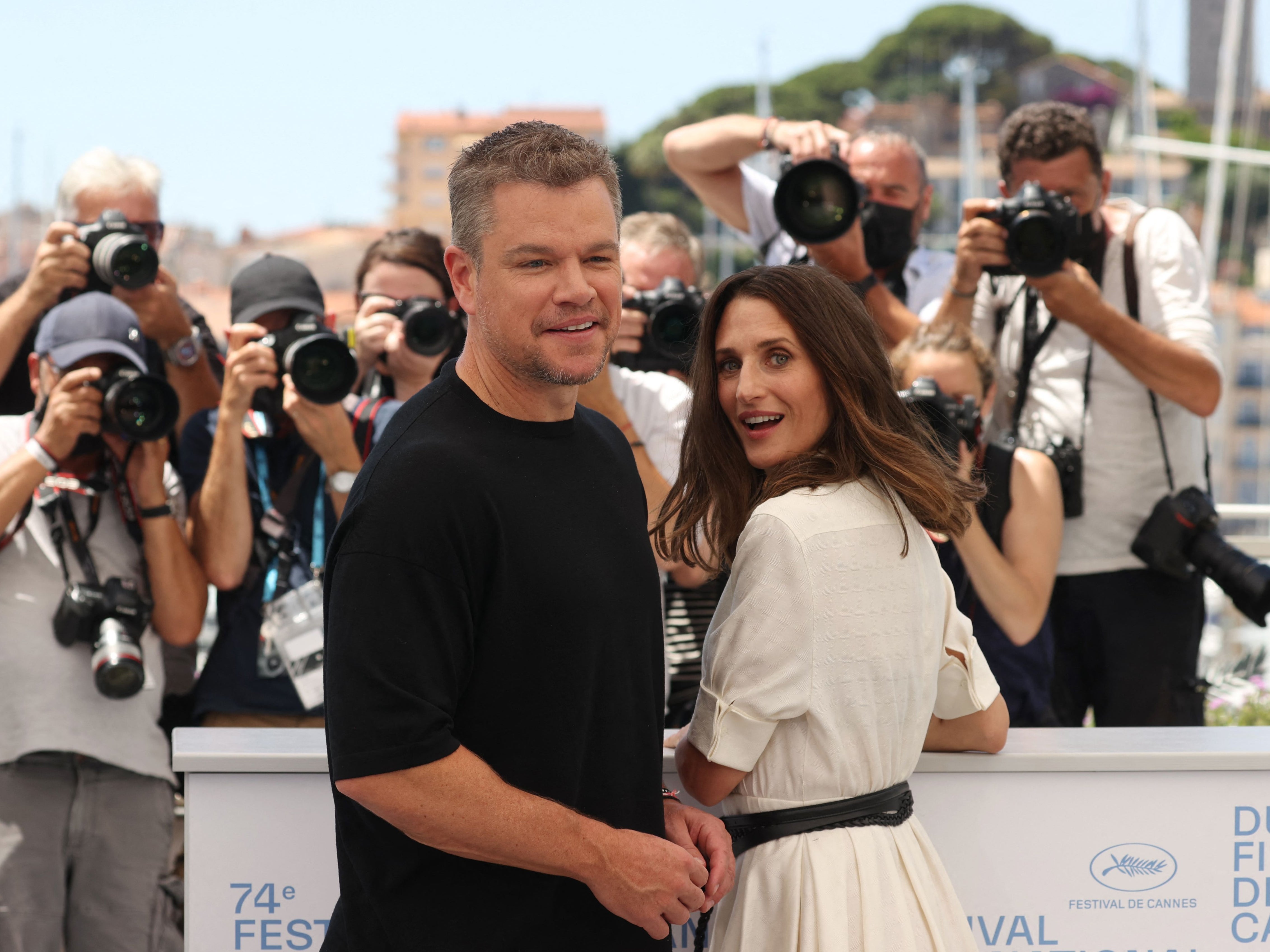 Matt Damon and Camille Cottin during a photocall for ‘Stillwater’ at the Cannes Film Festival on 9 July 2021