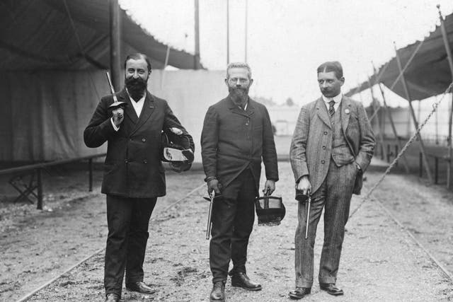<p>The winning French pistol duelling team at the 1908 Olympic Games held in London: Major Ferrus, J Marais and J Rouvcanachi</p>