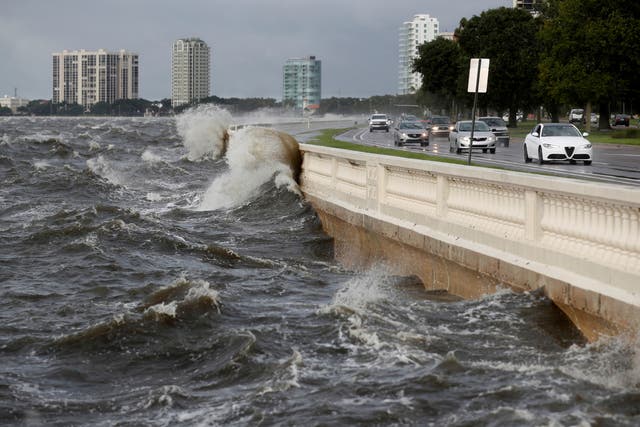<p>Waves crash the balustrades on Bayshore Boulevard during high tide after Tropical Storm Elsa churns up the Gulf coast, in Tampa, Florida</p>