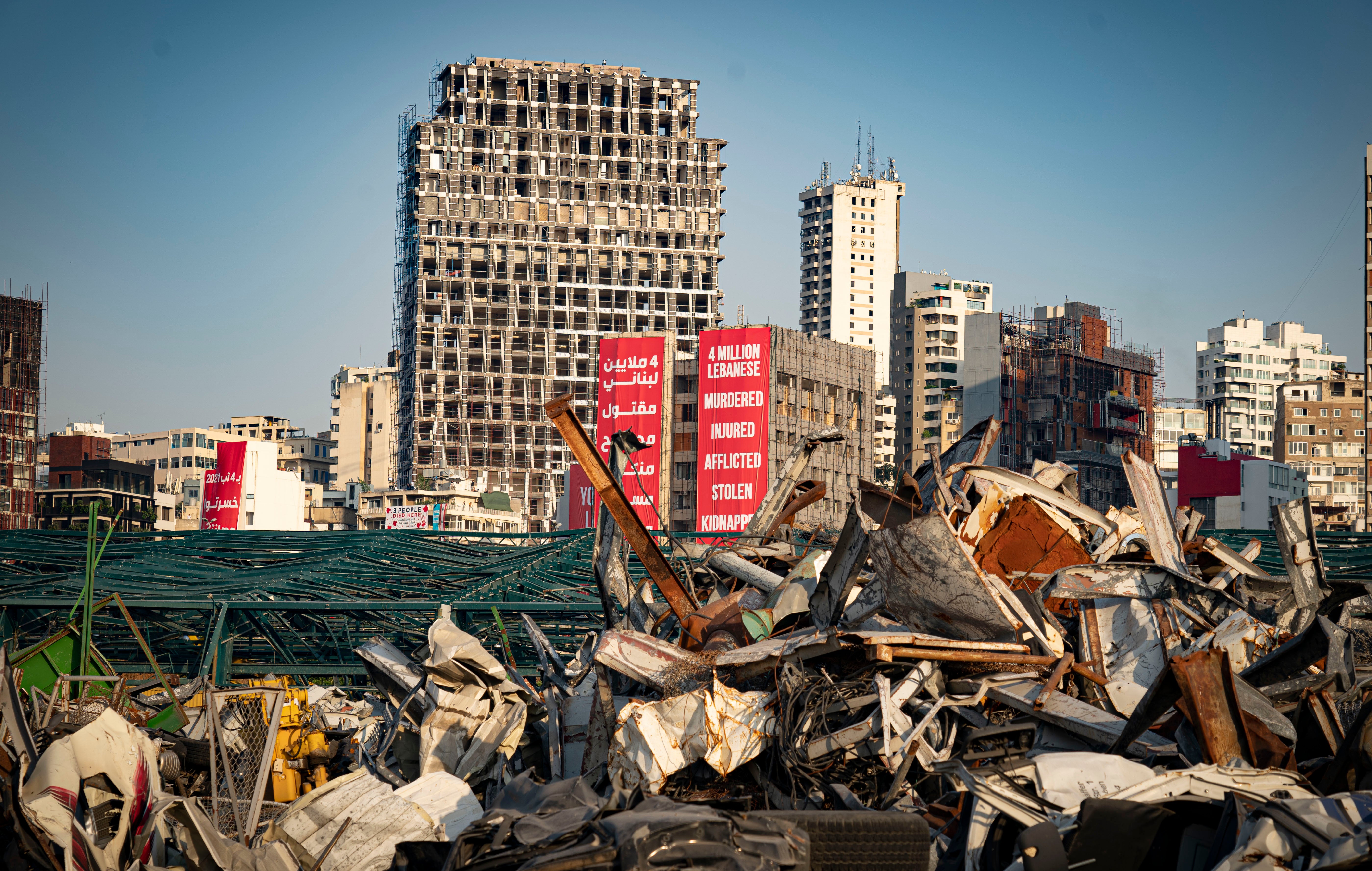 Posters reflecting the anger of Lebanon’s residents close to the wrecked Beirut port