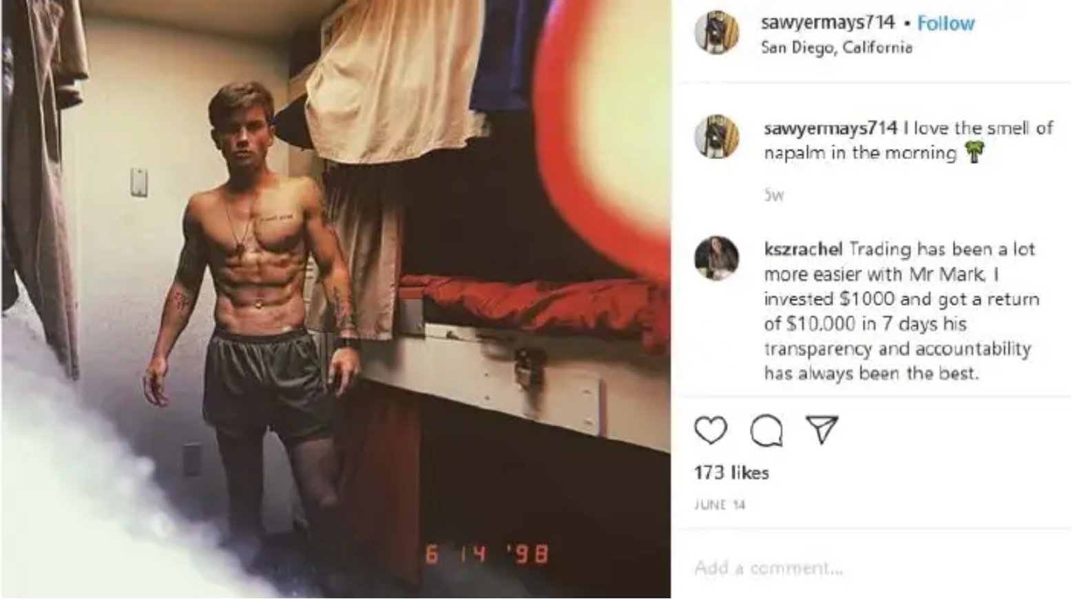 Investigators looked into Mays Instagram account, which is now private, and found a post with a caption that states: “I love the smell of napalm in the morning.”