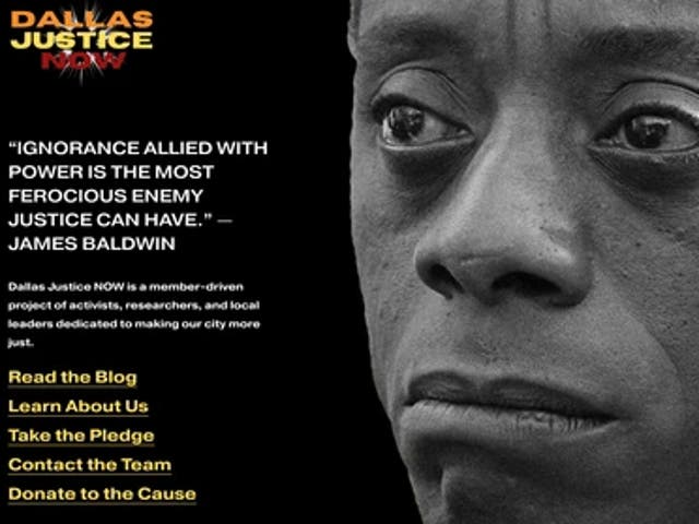 <p>The homepage of Dallas Justice Now, a group claiming to be a  nonprofit advocacy group for racial justice that sent flyers to white families asking them to keep their kids out of Ivy League schools. The group was tied to a right-wing astroturfing group and a PR firm that worked closely with the Republican Party</p>