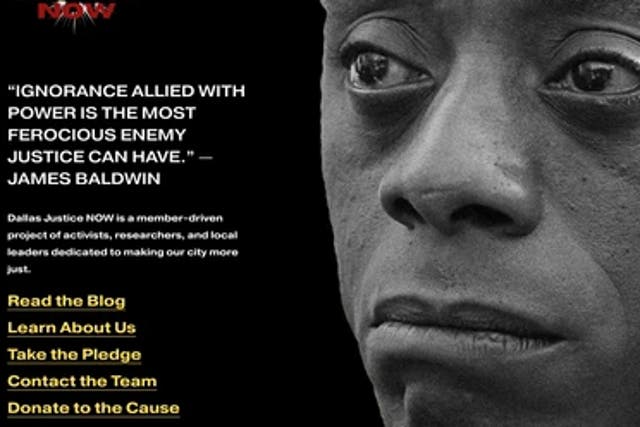 <p>The homepage of Dallas Justice Now, a group claiming to be a  nonprofit advocacy group for racial justice that sent flyers to white families asking them to keep their kids out of Ivy League schools. The group was tied to a right-wing astroturfing group and a PR firm that worked closely with the Republican Party</p>