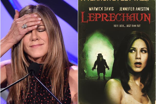<p>Jennifer Aniston in 2020, and in the DVD artwork for her 1993 film ‘Leprechaun'</p>