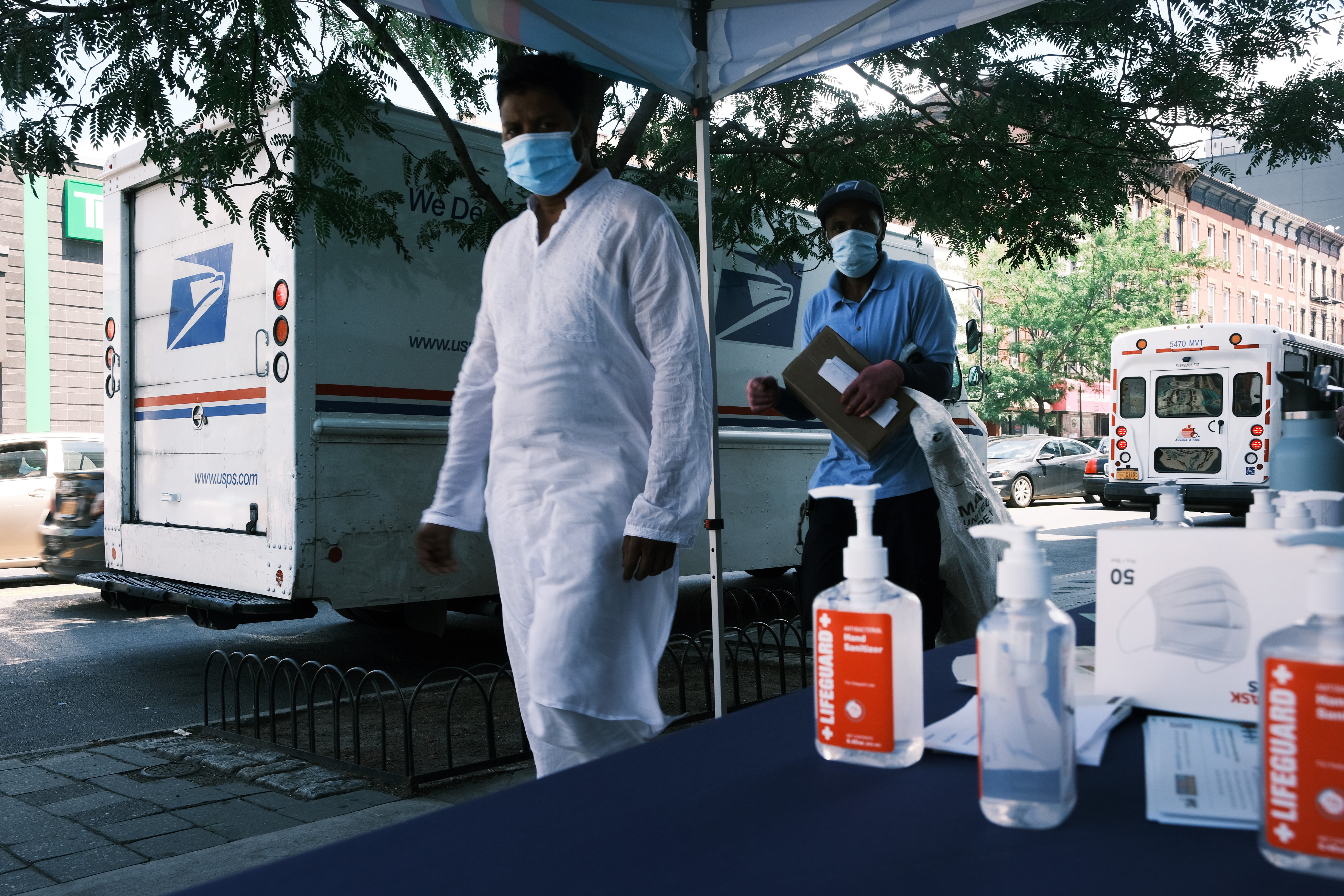 File image: A city-operated mobile pharmacy advertises the Covid-19 vaccine in a Brooklyn neighbourhood on 30 July 2021 in New York City