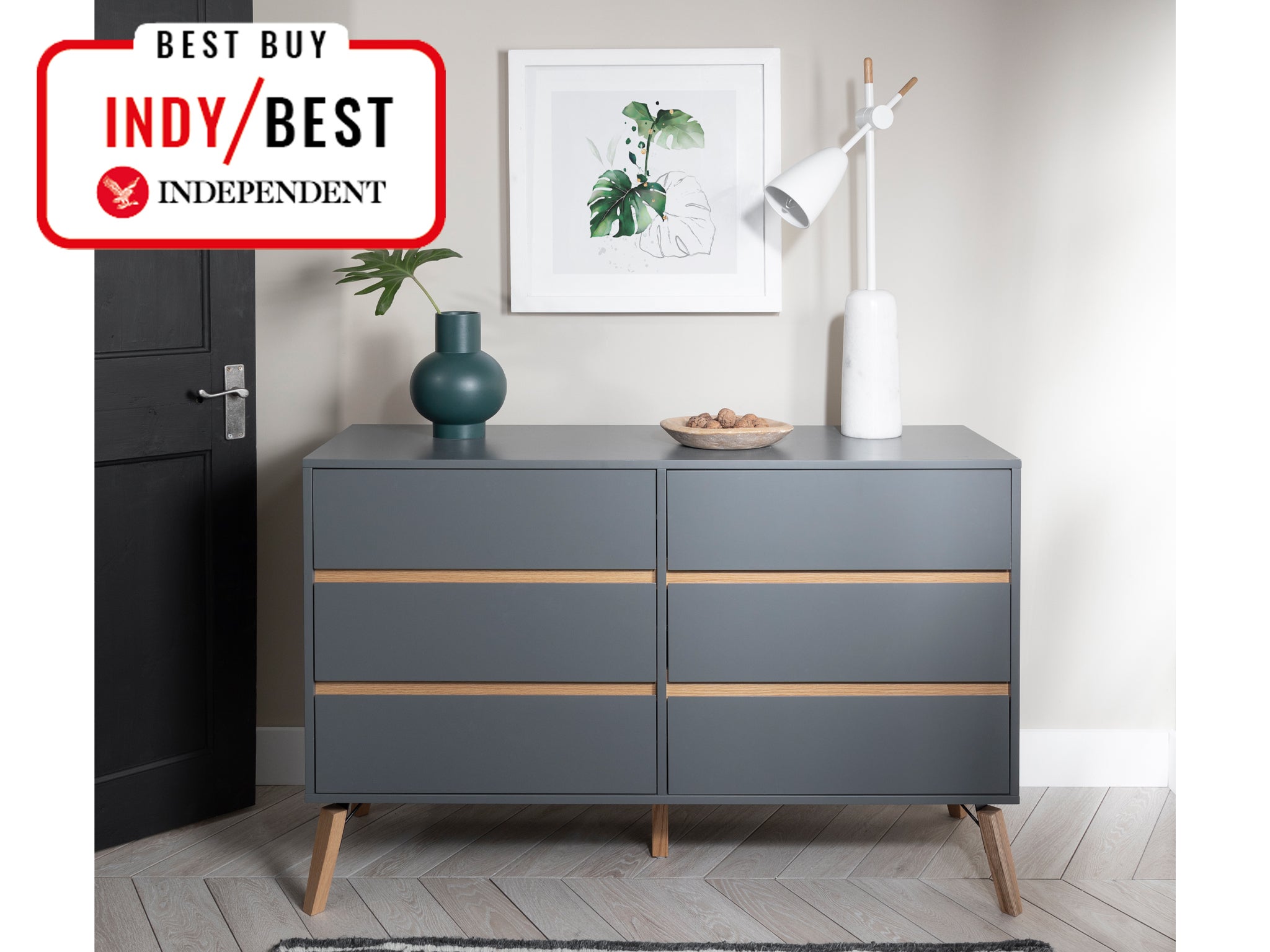 Modern Bedroom Furniture Large Oak/ Grey Gloss 5 Drawer Chest of Drawers 