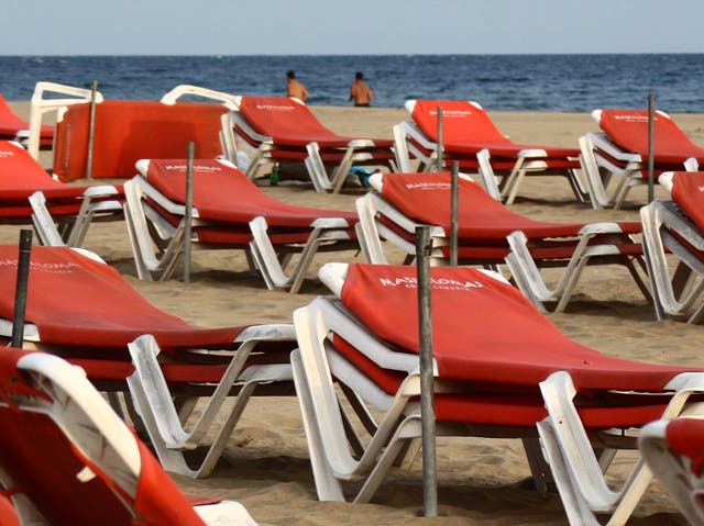 <p>Beach life: sunbeds at Maspalomas on the island of Gran Canaria</p>