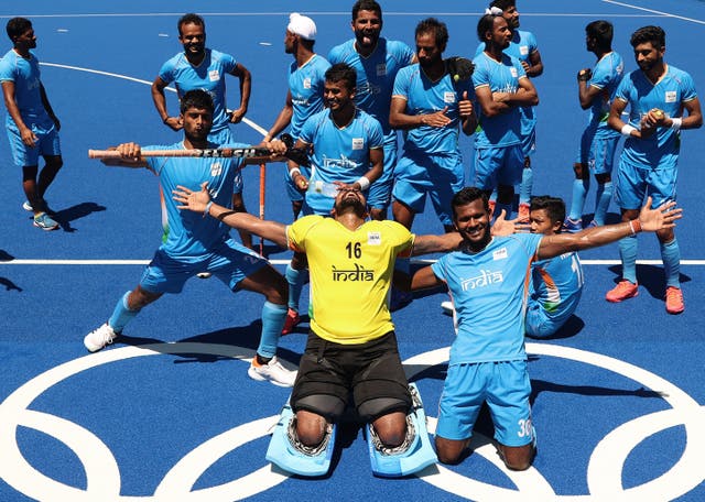 <p>Sreejesh Parattu Raveendran goalkeeper of Team India celebrates with team mates after winning the Men’s Bronze medal match between Germany and India on day thirteen of the Tokyo 2020 Olympic Games</p>