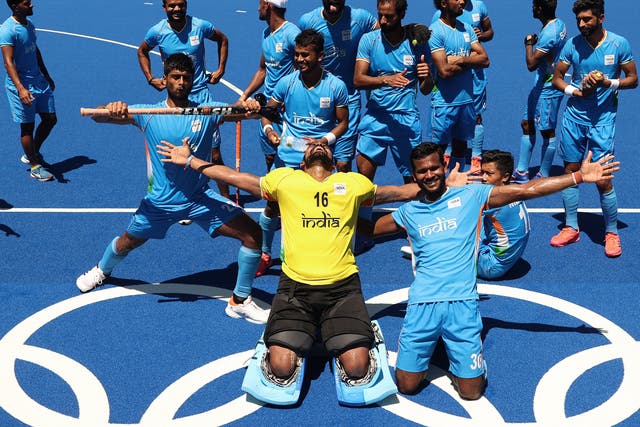 <p>Sreejesh Parattu Raveendran goalkeeper of Team India celebrates with team mates after winning the Men’s Bronze medal match between Germany and India on day thirteen of the Tokyo 2020 Olympic Games</p>