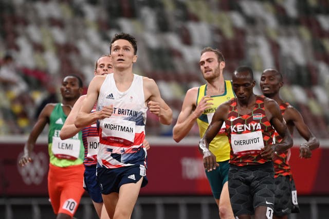 <p>Britain's Jake Wightman crosses the finish line to win in the men's 1500m semi-finals</p>