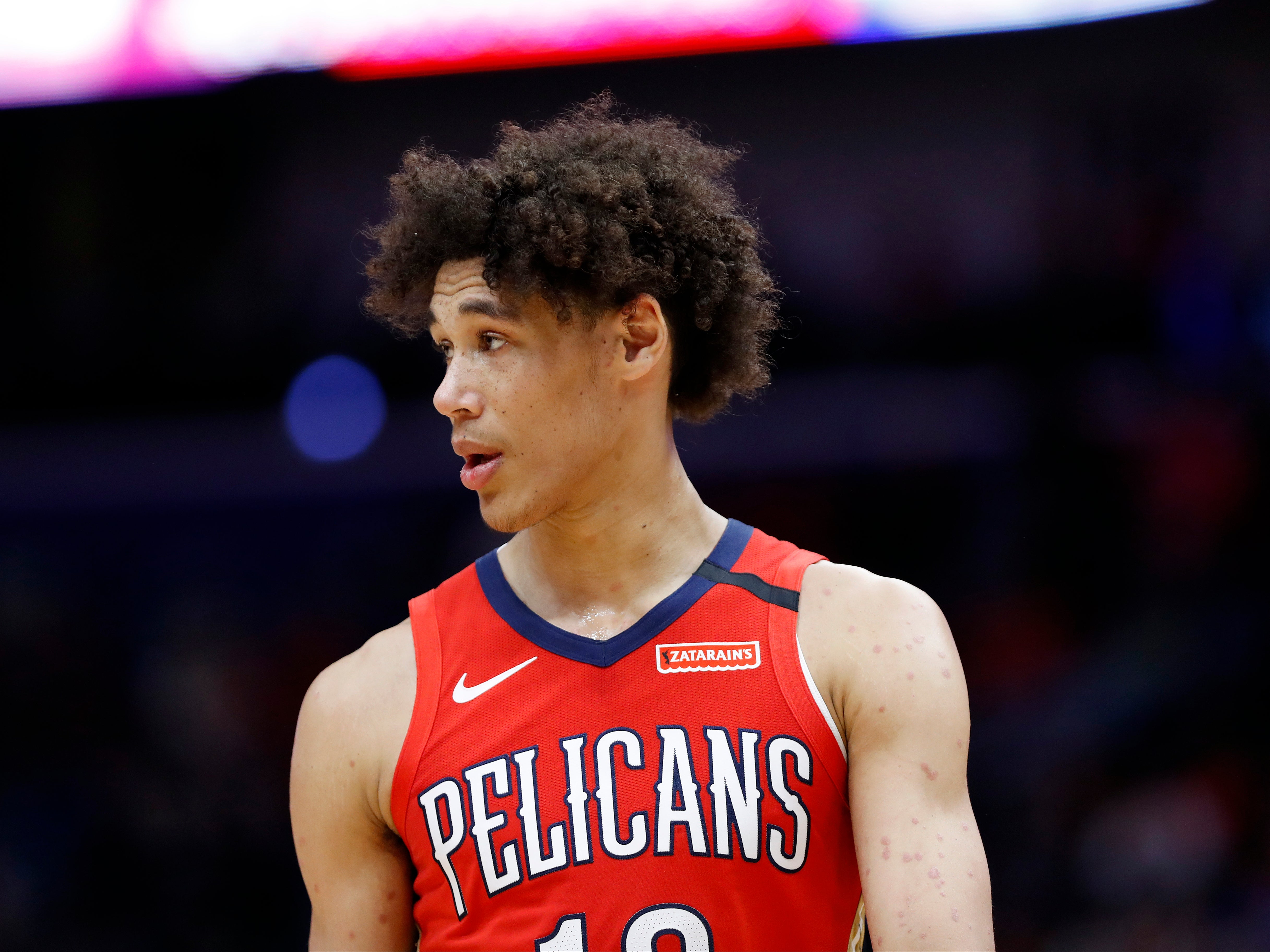 In this Jan. 6, 2020, file photo, New Orleans Pelicans center Jaxson Hayes looks on during an NBA basketball game in New Orleans.