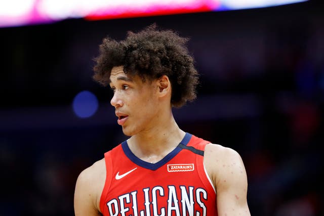 <p>In this Jan. 6, 2020, file photo, New Orleans Pelicans center Jaxson Hayes looks on during an NBA basketball game in New Orleans. </p>