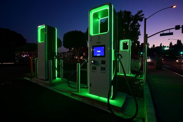<p>An Electric Vehicle charging station in Monterey Park, California. President Biden is set to sign an executive order aiming for 50 per cent of vehicles sold by 2030 to be electric and zero-emissions</p>