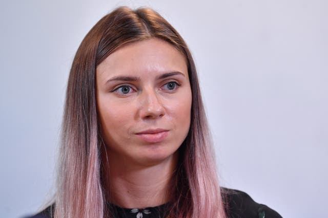 <p>Defected Belarusian Olympic sprinter Krystsina Tsimanouskaya attends a press conference in Warsaw on 5 August </p>