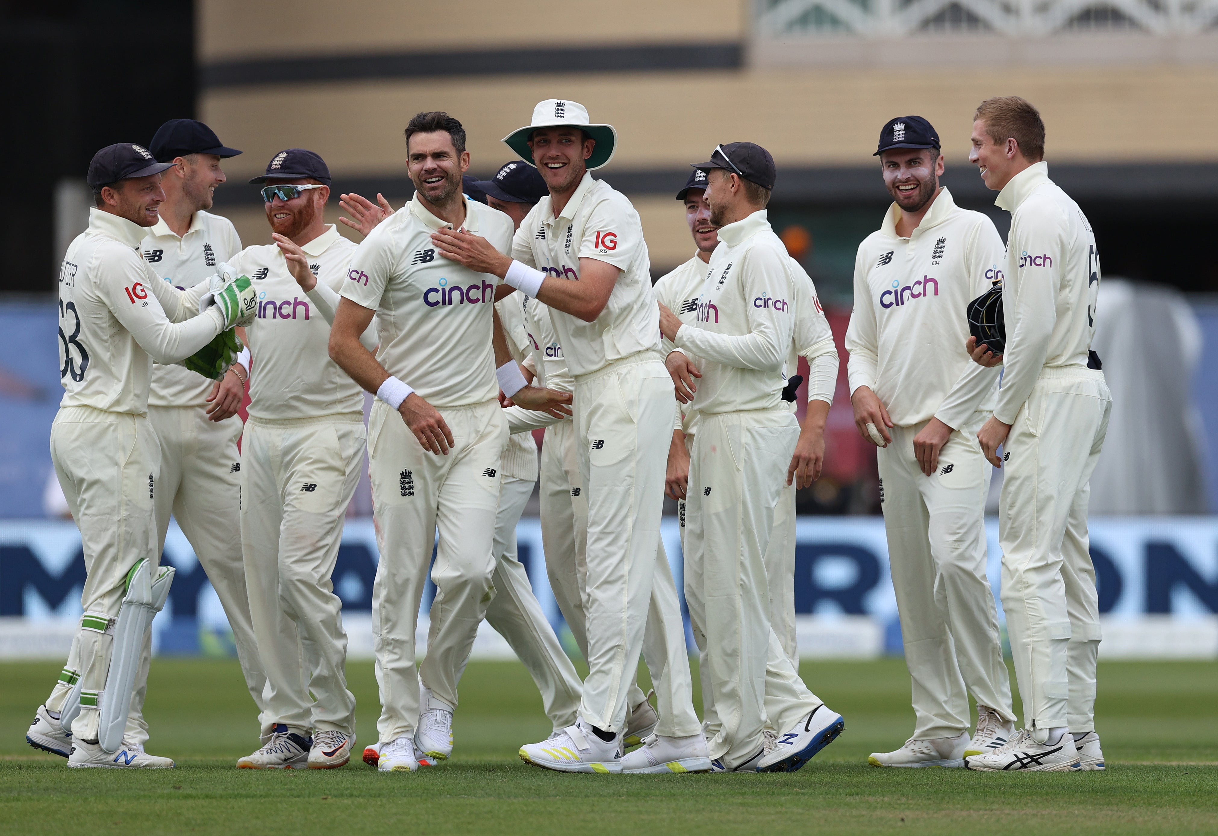 Anderson of England celebrates taking the wicket of Virat Kohli