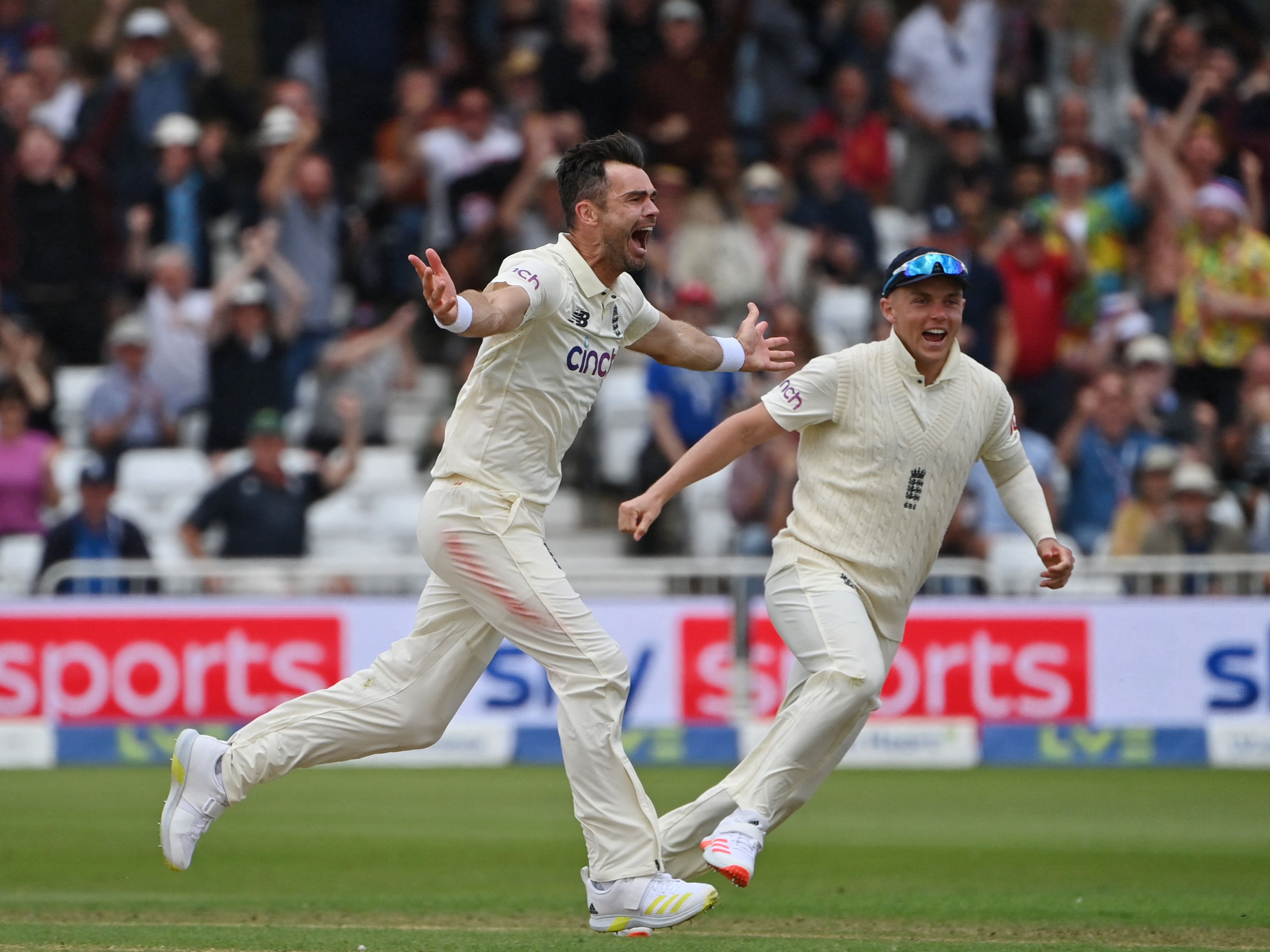 James Anderson celebrates taking the wicket of Virat Kohli