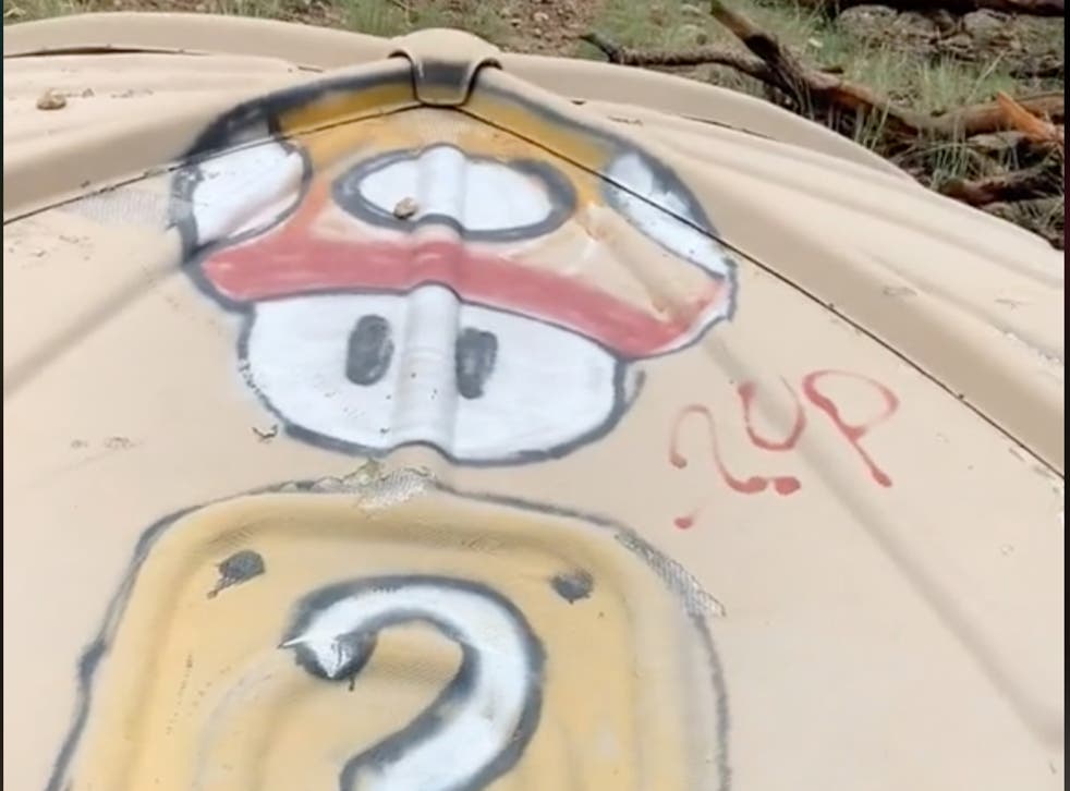 <p>The strange object has Mario Cart mushroom-style graffiti on it </p>